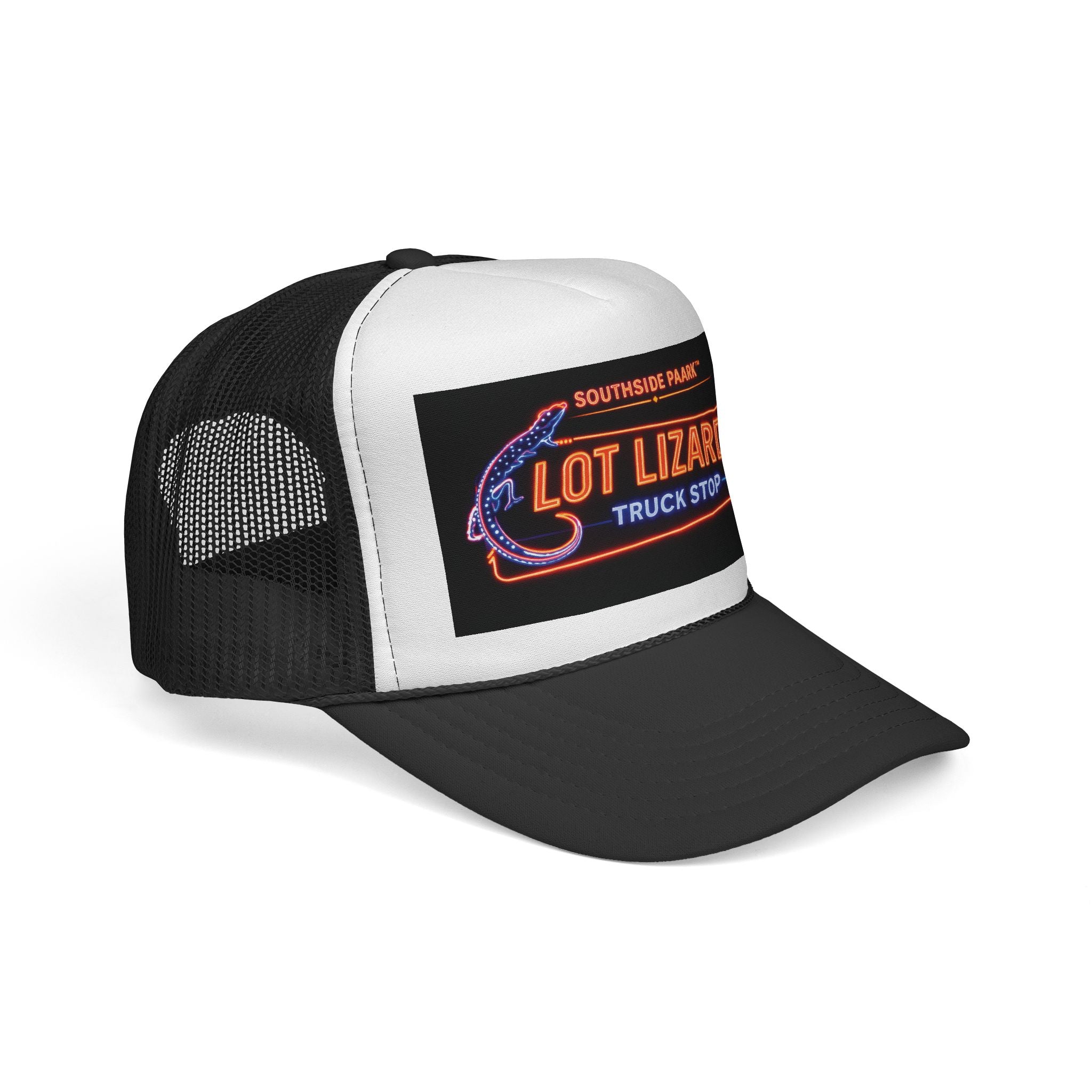 Lot Lizards Truck Stop Trucker Cap — Retro Neon Roadside Patch Hat