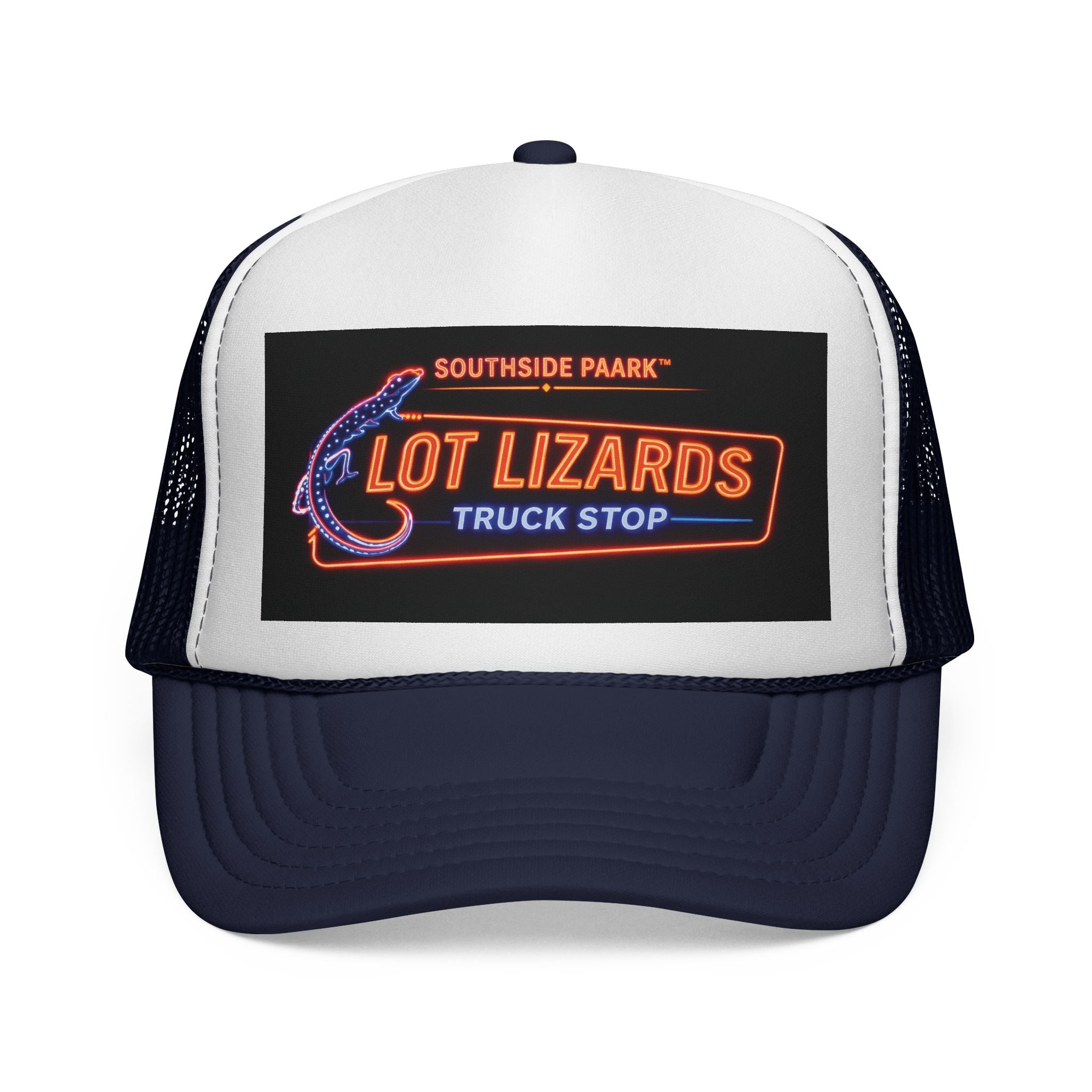 Lot Lizards Truck Stop Trucker Cap — Retro Neon Roadside Patch Hat