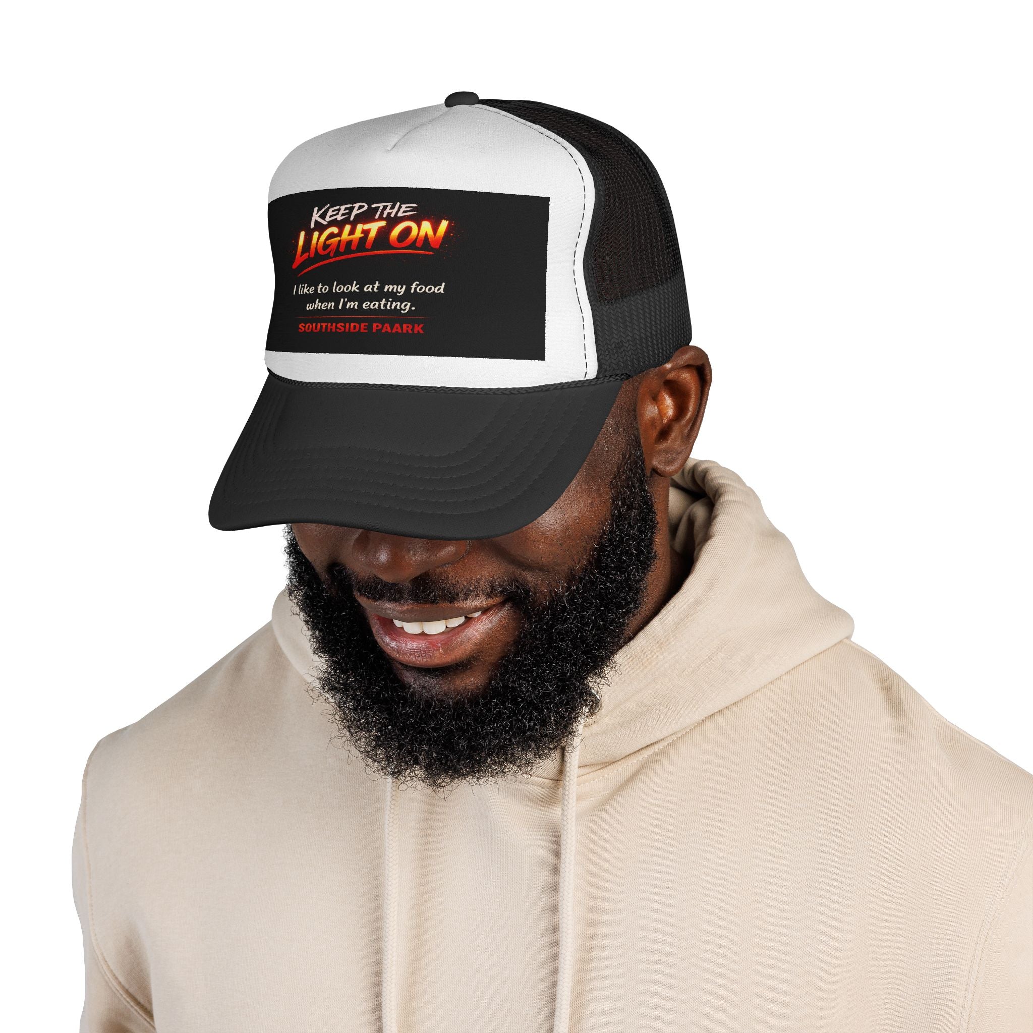 Keep the Light On Trucker Hat - Funny Retro Text 'I like to look at my food when I'm eating' Cap