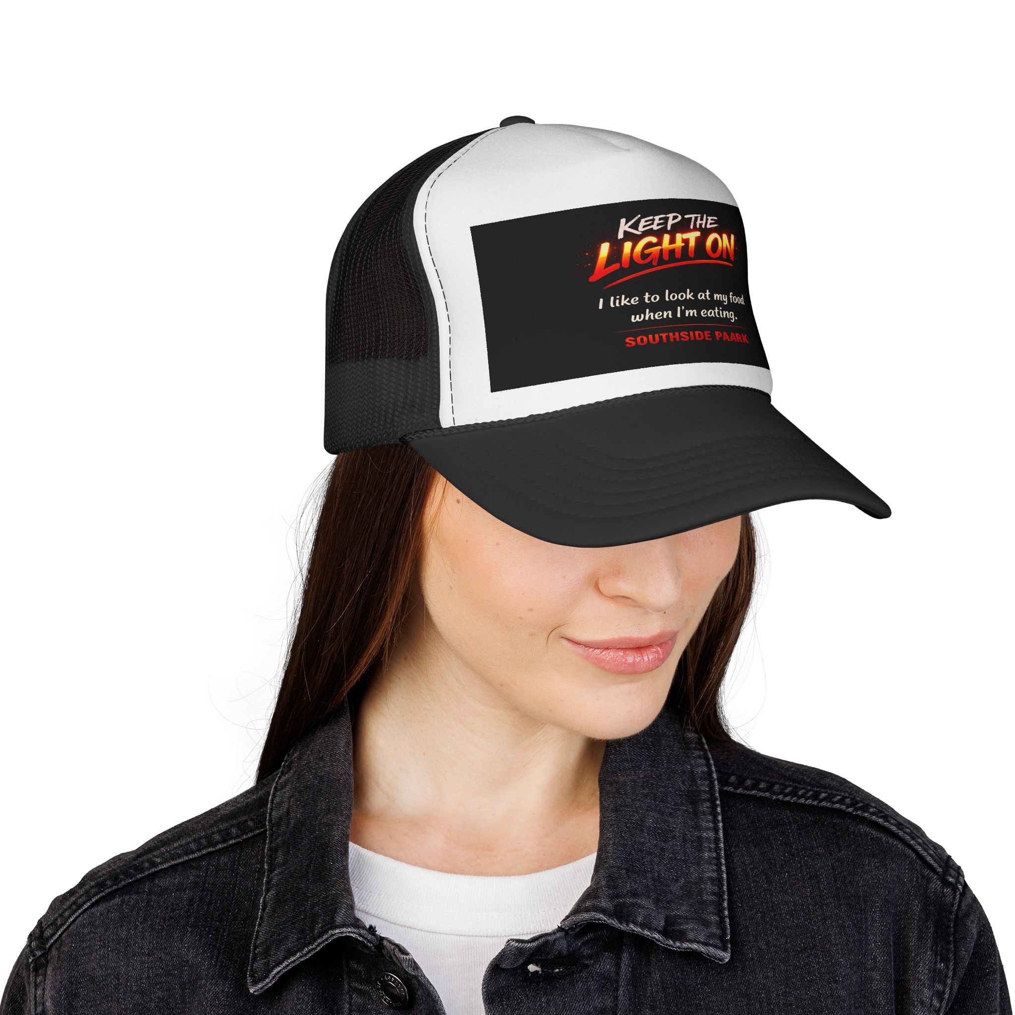 Keep the Light On Trucker Hat - Funny Retro Text 'I like to look at my food when I'm eating' Cap