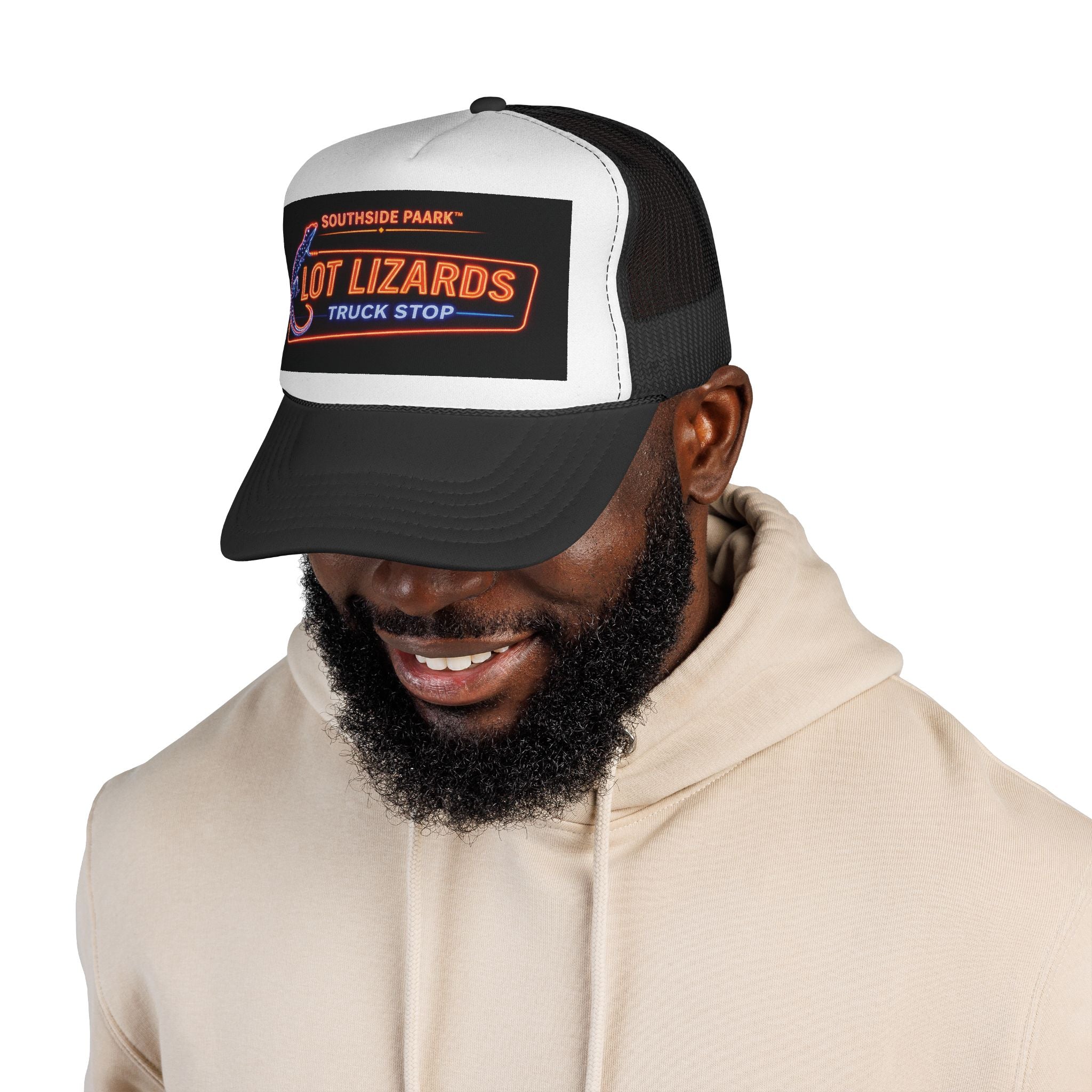 Lot Lizards Truck Stop Trucker Cap — Retro Neon Roadside Patch Hat